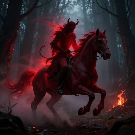 Digital artwork of a shadowy, horned figure riding a galloping horse through a dark, misty forest with red glowing flames and eerie blue