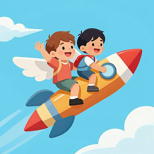 Digital cartoon of two smiling boys with wings, one brown-haired and one black-haired, riding a red and yellow rocket ship against a bright blue sky with