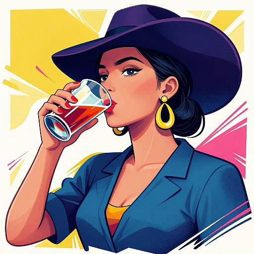 Digital illustration of a confident Latina woman with dark hair, yellow hoop earrings, blue shirt, and black hat, sipping a red drink, set against