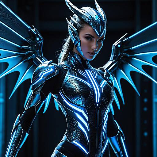 Cyber Dragon Warrior Woman with Neon Blue Wings