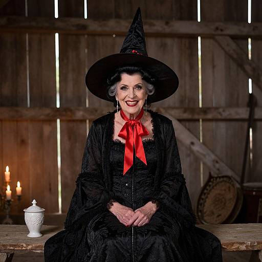 Photograph of an elderly woman in a black witch costume with red bow, wide-brimmed hat, smiling, candle-lit wooden barn background.