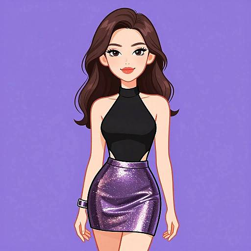 Digital anime-style drawing of a smiling woman with long brown hair, wearing a black halter top and shiny purple skirt, against a solid purple background.