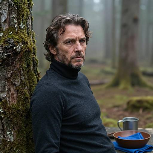 Serious Man in Foggy Forest Setting