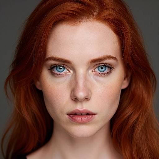 Photograph of a fair-skinned, red-haired woman with striking blue eyes, freckles, and parted lips, set against a dark gray background
