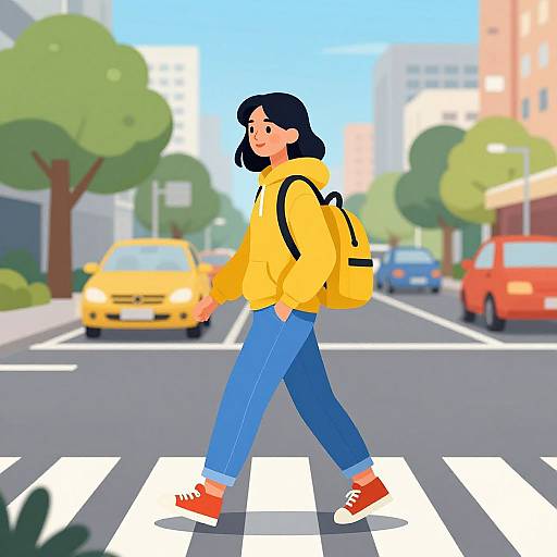 Young Woman Crossing Urban Pedestrian Lane