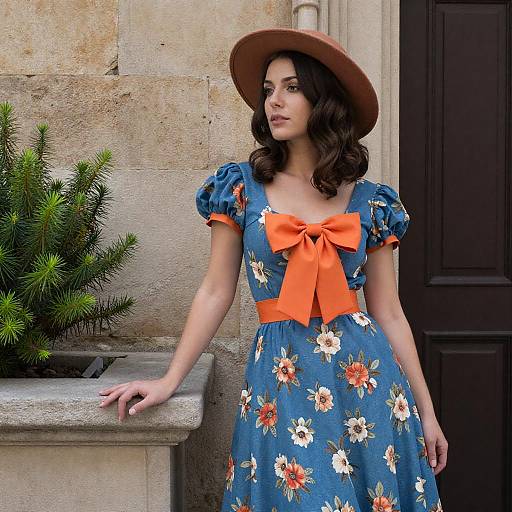 Woman in Vintage Blue Floral Dress