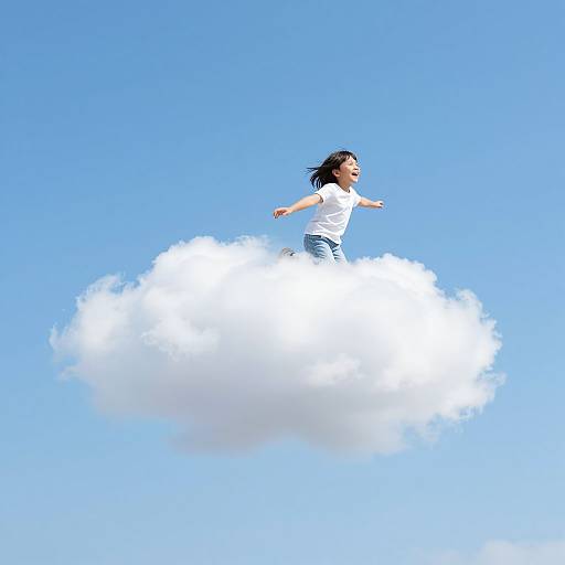 Photograph of a young girl with black hair, wearing a white t-shirt and blue jeans, joyfully standing on a fluffy white cloud against a bright