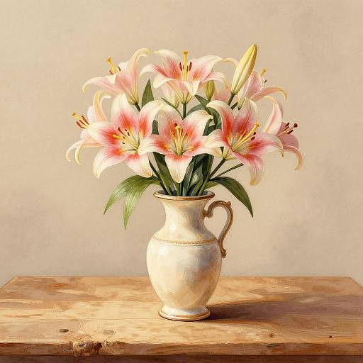 Photograph of a beige ceramic vase with pink and white lilies, green leaves, on a rustic wooden table against a beige wall.