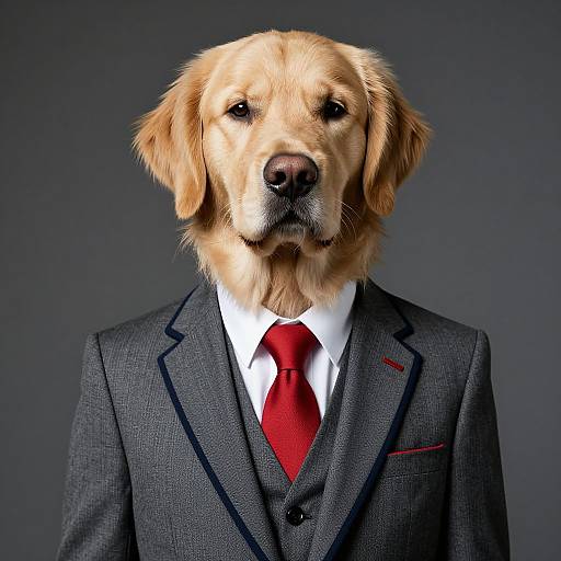 Photograph of a golden retriever wearing a dark gray suit, white shirt, and red tie, with a neutral gray background.