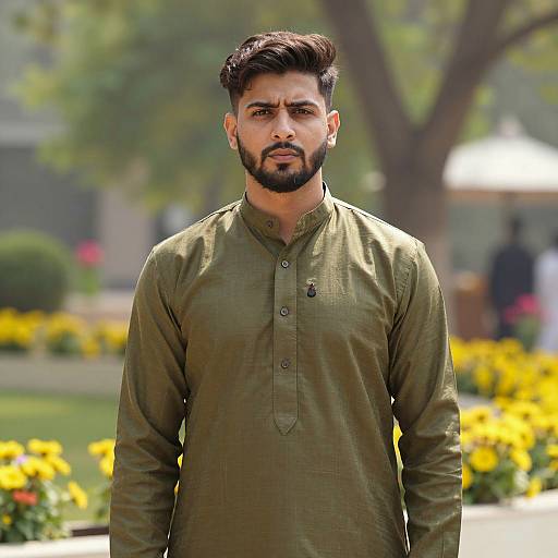 Young Man in Olive Green Sherwani Outdoors