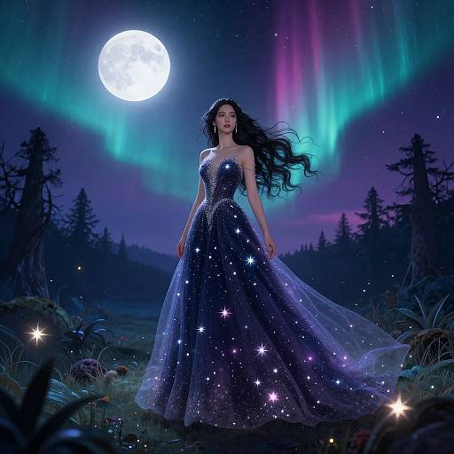 Fantasy Woman in Mystical Night Forest
