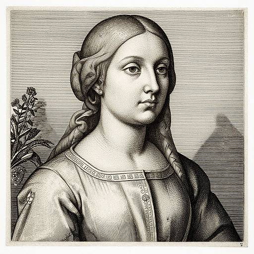 Black-and-white vintage engraving of a young woman with braided hair, wearing a buttoned dress, looking slightly to the side.
