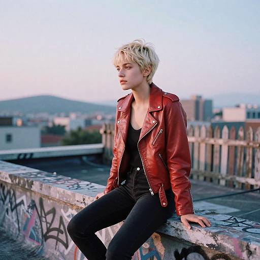 Photograph of a blonde woman with short hair, wearing a red leather jacket and black top, sitting on a graffiti-covered rooftop, looking to the side