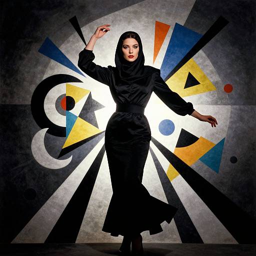 Photograph of a confident woman in a black hijab and long dress, posing against a geometric, abstract background with bold colors.