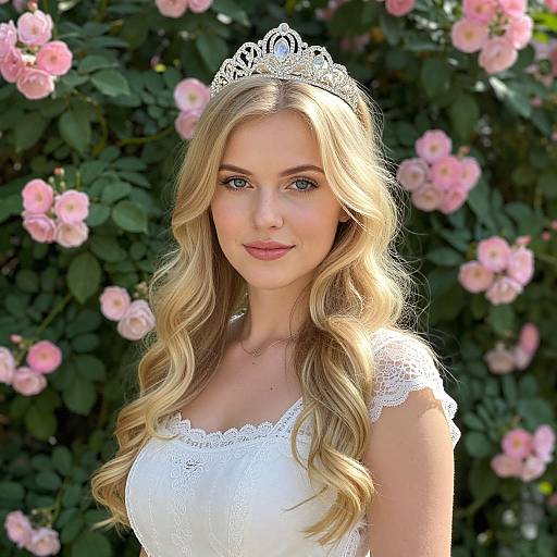 Photograph of a blonde woman with wavy hair, wearing a white lace dress and silver tiara, standing against a backdrop of pink roses and green