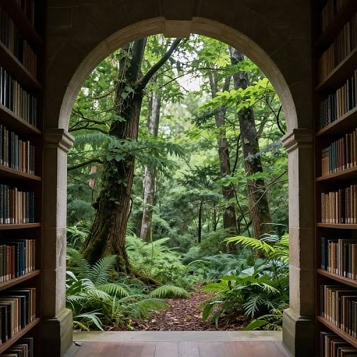 Photograph of a lush forest viewed through a stone archway framed by two tall bookshelves filled with books.