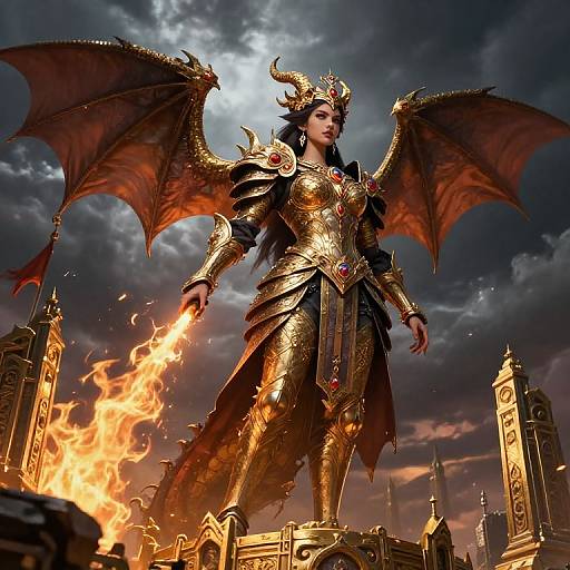 Digital artwork of a powerful female demon with golden armor, red wings, and horned crown, standing amidst a fiery, cloudy sky with ancient towers in