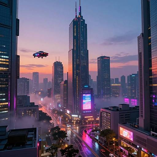 Photograph of a neon-lit, futuristic cityscape at dusk with a flying car, skyscrapers, glowing billboards, and misty streets