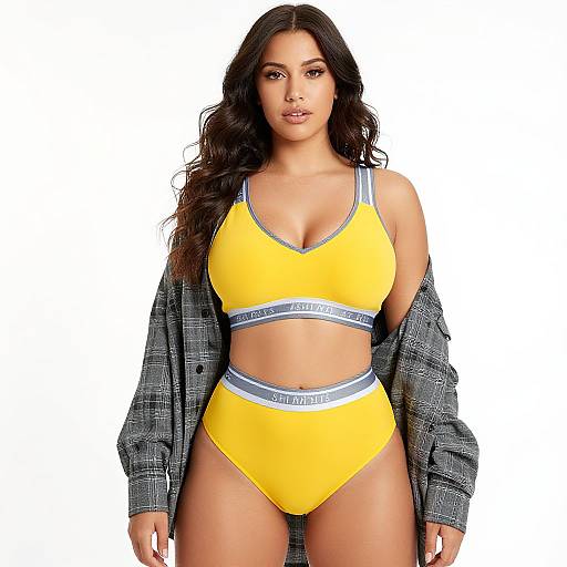 Photograph of a curvy woman with long dark hair, wearing a yellow Calvin Klein sports bra and high-waisted panties, with a gray pl