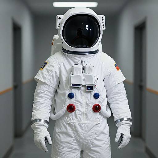 Photograph of an astronaut in a white spacesuit with a black visor, red and blue lights, and American flag patch, standing in a dim