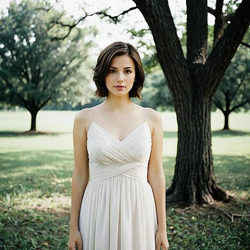 Young Woman in White Chiffon Dress Outdoors