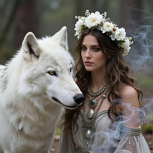 Photograph of a fair-skinned woman with long brown hair, white flower crown, and intricate jewelry, standing beside a large white wolf in a forest