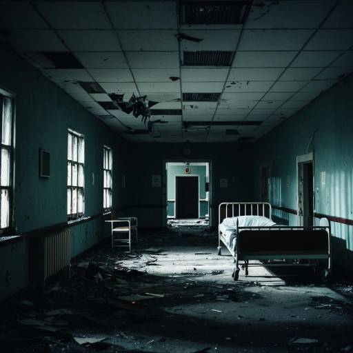 Abandoned Hospital Corridor with Broken Ceiling
