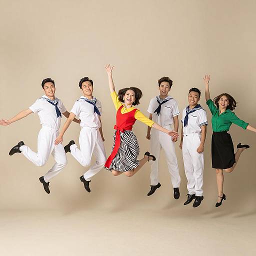 Joyful Group Jumping in Sailor Attire