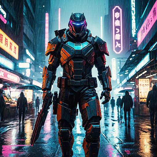 Futuristic Cyberpunk Warrior in Neon City