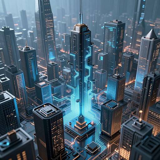 Digital artwork of a futuristic cityscape featuring a central skyscraper with glowing blue neon lines, surrounded by dark, high-rise buildings. The scene is illuminated