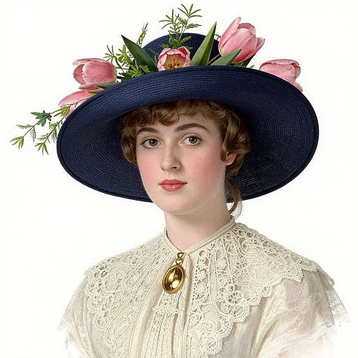 Photograph of a young woman with fair skin, brown curly hair, wearing a white lace blouse, and a navy blue hat adorned with pink tulips