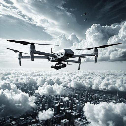 Drone Flying Above Cloudy Cityscape