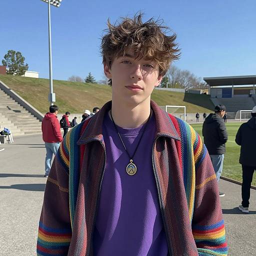 Young Man in Colorful Outdoor Stadium