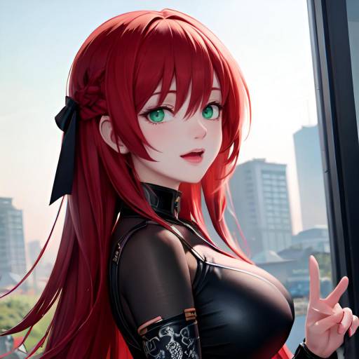 Digital anime-style artwork of a red-haired girl with blue eyes, wearing a black and gold, revealing, fantasy outfit, with dynamic orange and black abstract