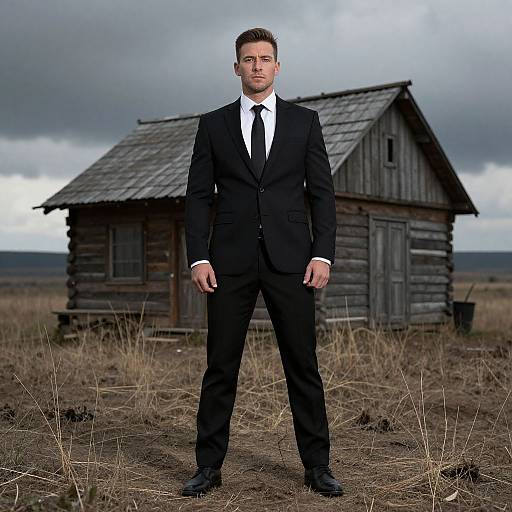 Photograph of a tall, attractive man in a black suit, white shirt, and black tie, standing in front of a rustic, wooden cabin in