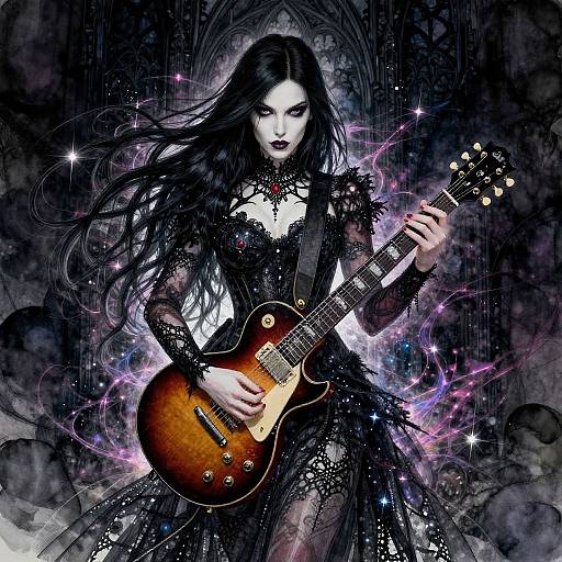 Gothic woman with long black hair, pale skin, and dark makeup plays a sunburst electric guitar, surrounded by swirling purple and black cosmic patterns