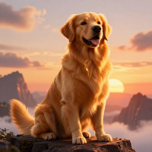 Golden retriever sitting on a rock at sunset, with mountains and clouds in the background. Photorealistic digital art.