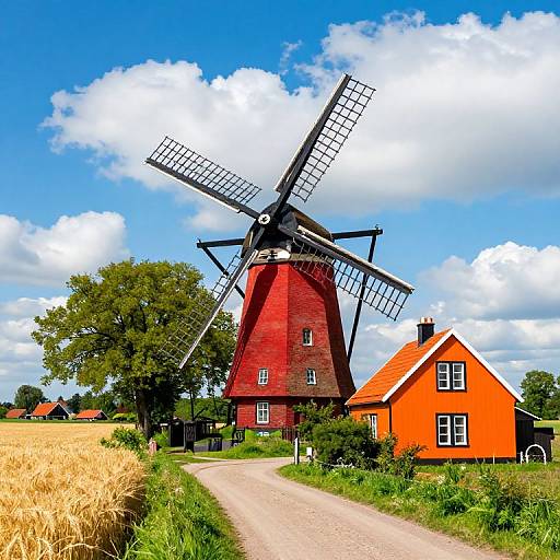 Photograph of a vibrant Dutch countryside: bright red windmill with black blades, orange house, golden wheat field, and blue sky with white clouds.