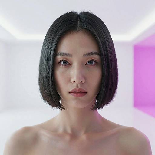 Hyper-realistic portrait of East Asian woman with sleek bob cut
