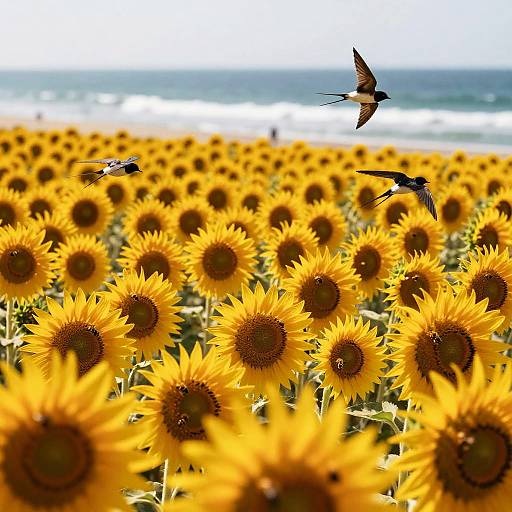 Photograph of a vibrant sunflower field with bright yellow flowers, three hummingbirds in mid-flight, and a blurred ocean horizon in the background.