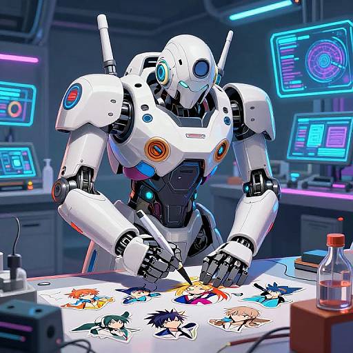 Digital illustration of a white, futuristic robot with blue and orange accents, drawing colorful anime characters on a table in a neon-lit, high-tech lab