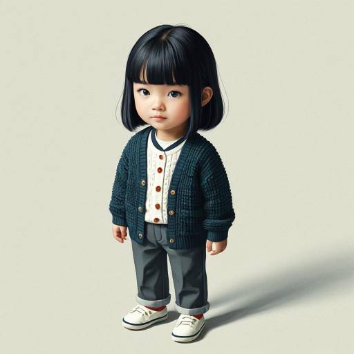 Cute East Asian Child in Cardigan and Trousers