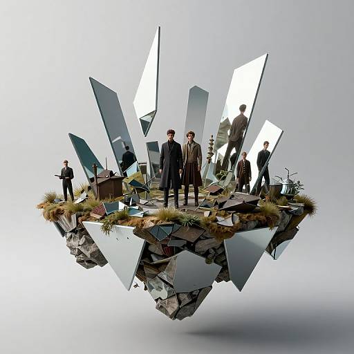 Digital art: Group of seven men in formal attire stand on a floating, rocky, mirror-covered island with grass, against a white background. Modern,