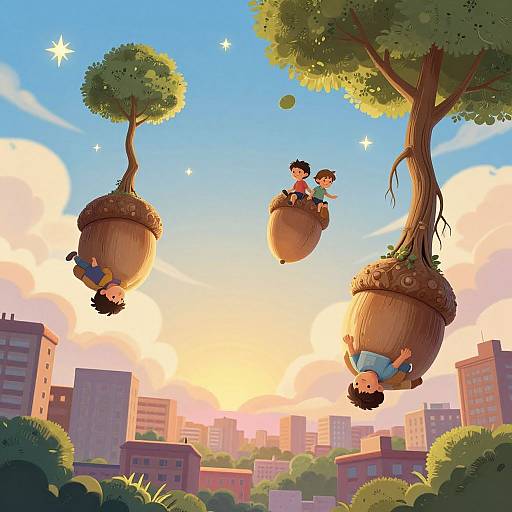 Digital illustration of two children hanging from giant acorns in a vibrant, colorful cityscape with tall buildings and a sunset sky.