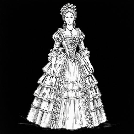Black-and-white digital drawing of a Victorian-era woman in an ornate, multi-layered, ruffled dress with intricate lace and floral patterns, standing