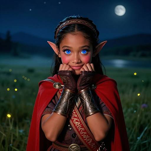 Digital art of a young elf girl with glowing blue eyes, dark hair, and pointed ears, wearing a red cape and brown armor, against a moon