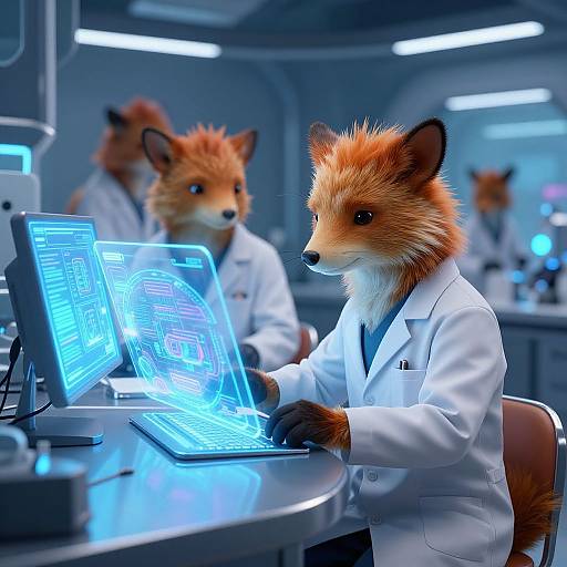 Digital artwork of anthropomorphic foxes in white lab coats working on glowing blue holographic computer screens in a futuristic laboratory.