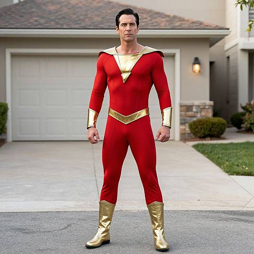 Photograph of a man in a red superhero costume with gold accents, standing in front of a suburban house with a garage and lamp.