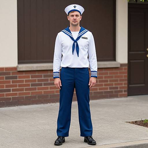 Photograph of a Caucasian man in full sailor uniform with white shirt, navy blue pants, and cap, standing on a concrete sidewalk in front of a