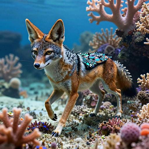 Photorealistic CGI: A vibrant, orange-and-black fox with iridescent wings runs through a colorful, coral-filled underwater scene, blending wildlife and